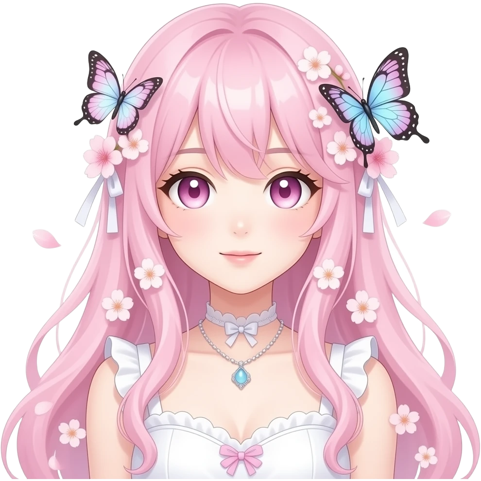 A Gorgeous Beautiful Anime Lady Sakura Cherry Blossom and Pretty Hair, pastelcore aesthetic, pastel pink and white, butterfly, Fairycore emoji
