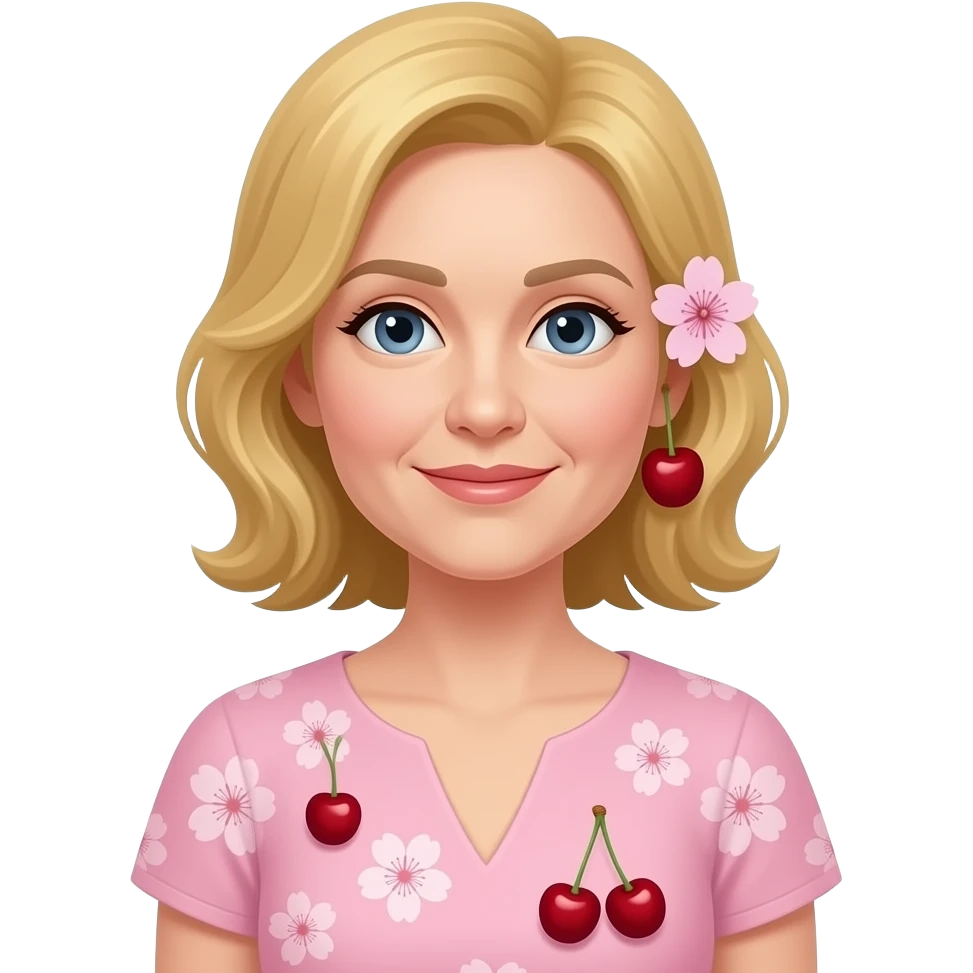 una señora de 38 años con un bestido de color rosado claro y que tenga sakuras en su bestido y una en su orejapelo amaranjado y que mire sin una sonrisa y que tenga ojos del tiempo emoji