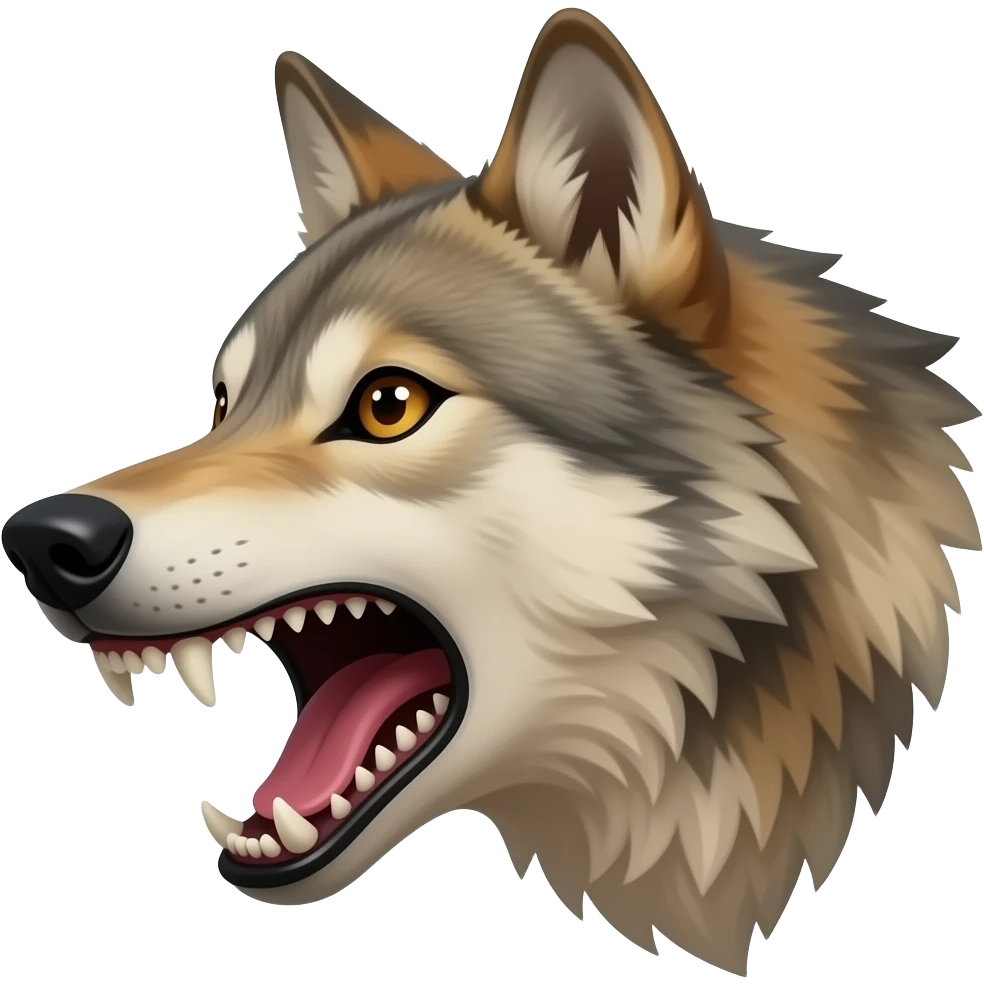 Baring fangs beige wolf head realistic look mostly aggressive Turn sideways terrified emoji