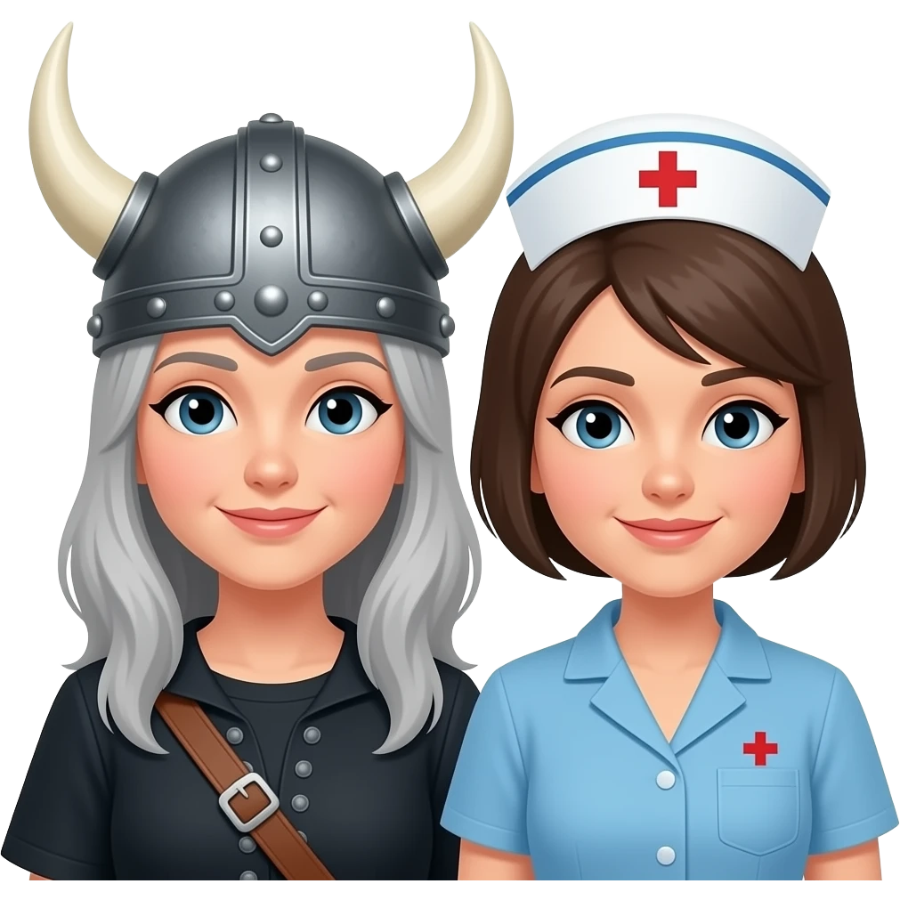 Viking helmet gray hair woman and nurse short hair couple emoji
