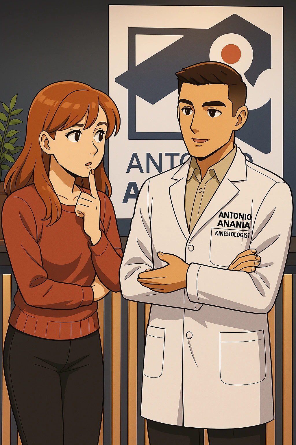 su questo stile fai un manga/webtoon a colori in cui una donna SI TOCCA IL MENTO MENTRE FA UNA DOMANDA ALL'UOMO, l'uomo della foto in stile manga LE SPIEGA CHE DEVE PROVARE LA SUA VALUTAZIONE MEDICA, mantieni un ambiente simile alla foto che ho allegato con il suo logo (sarebbe il suo studio, lui è un kinesiologo), scrivigli "ANTONIO ANANIA" sul camice bianco, non mettere fumetti, ma fai in modo che sembri che la donna CHIEDA E  l'uomo RISPONDA emoji