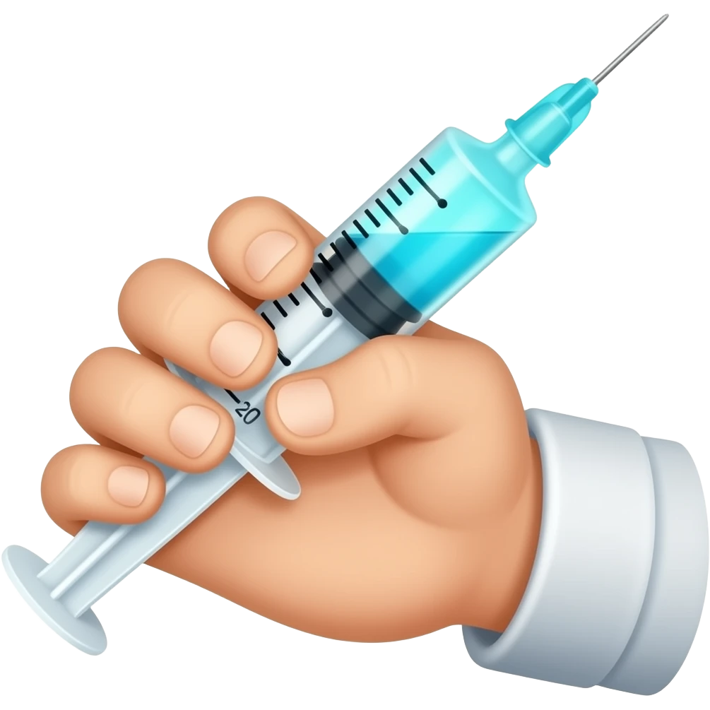 A male hand holding a syringe with glowing neon-cyan-blue liquid inside emoji
