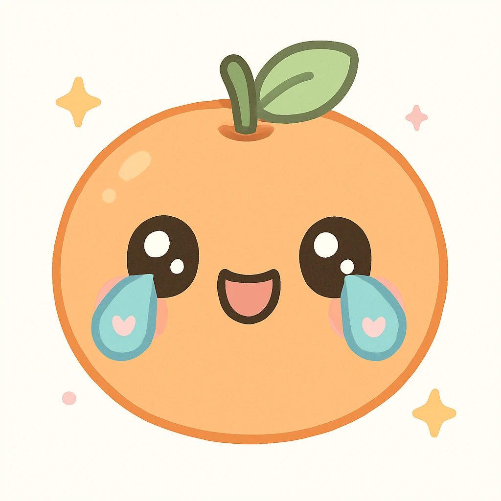 tangerine fruit with a laughing-crying expression, kawaii style, heart-shaped tears, cute mouth emoji