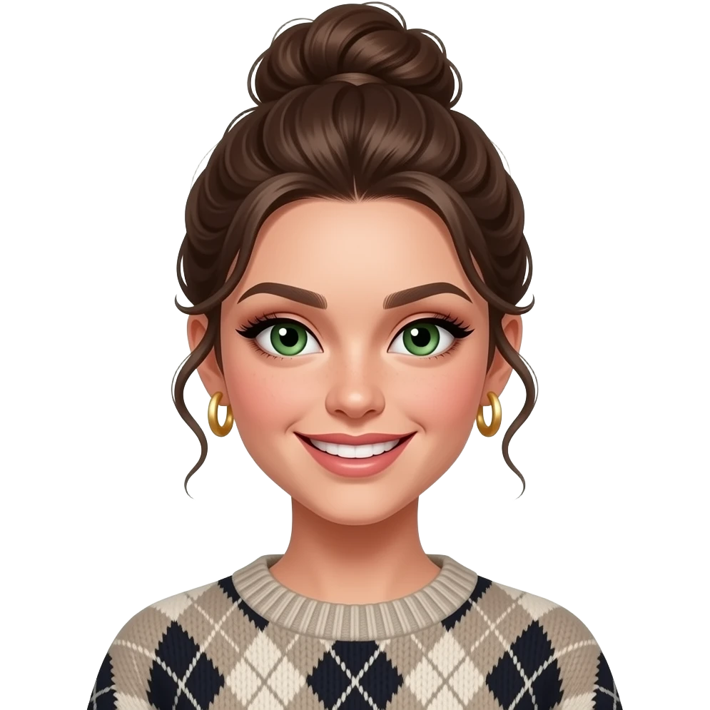 très jeune femme brune, yeux verts, cheveux en chignon haut ondulés, sourire méchant, maquillage, botox, pull, anneaux dorés aux oreilles emoji