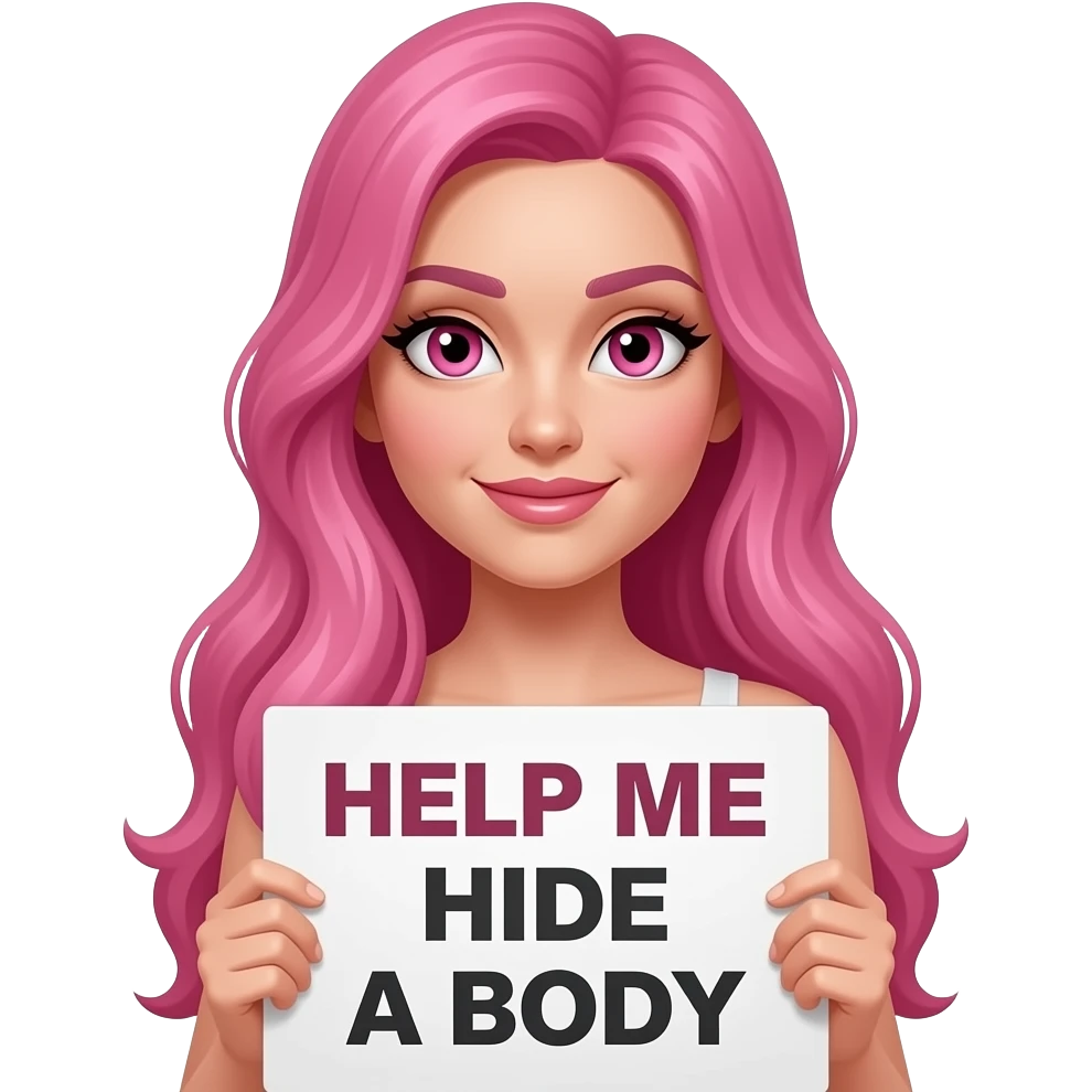 sexy girl with long pink hair and pink eyes wearing a holding a HELP me HIDE a BODY sign emoji