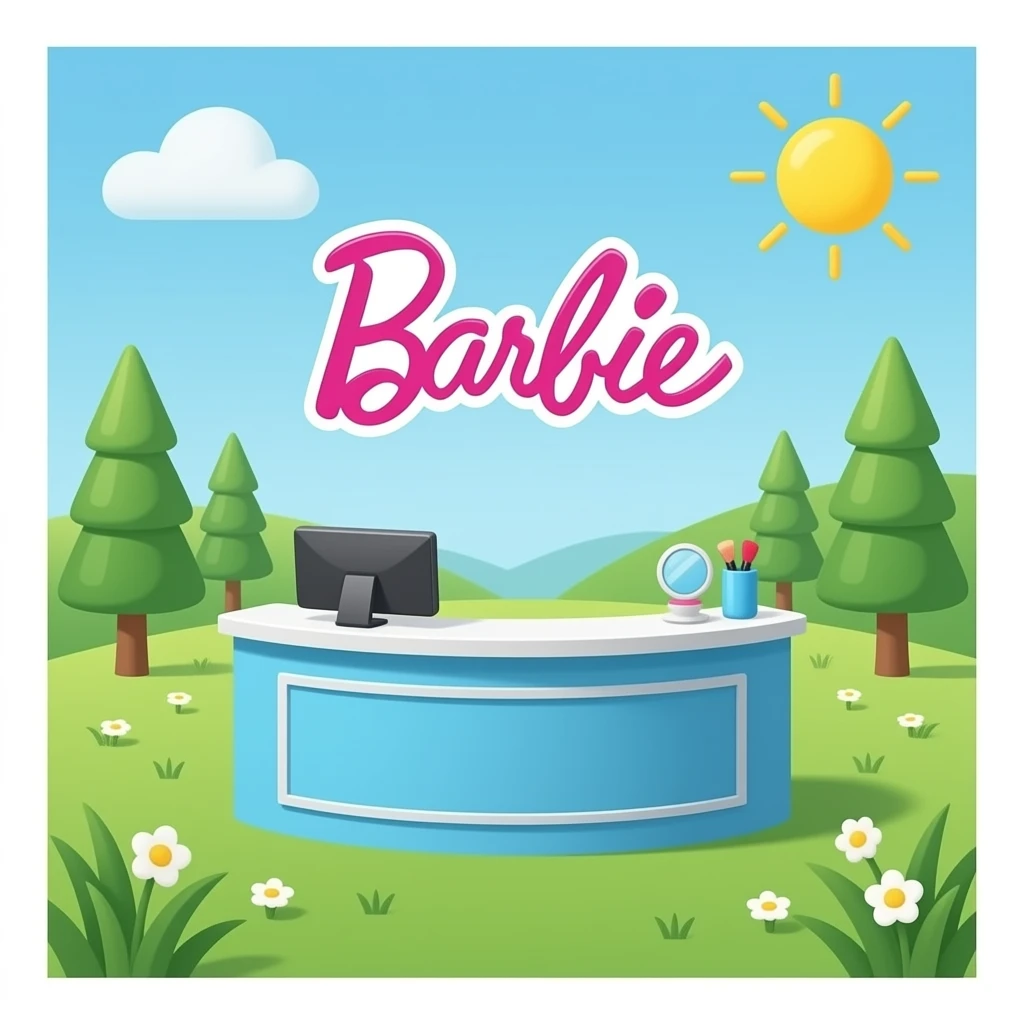 blue green Reception desk  on salon beauty inspired by Barbie colour pallete emoji