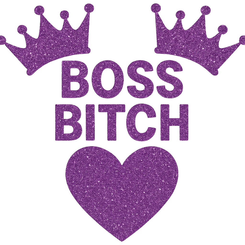 Purple Hearts and crowns with glitter and the words boss bitch heart, remove background emoji