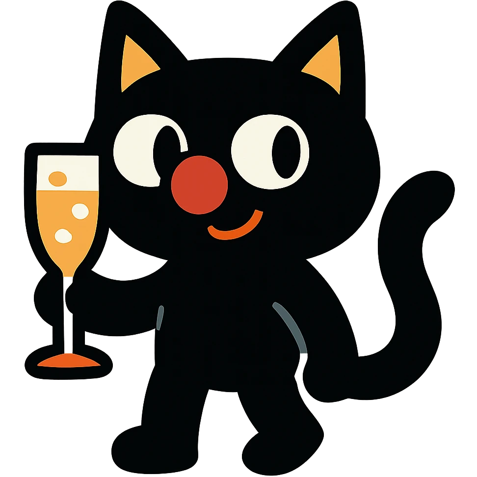 black cat with a clown nose and champagne glass, cartoonish and fun emoji