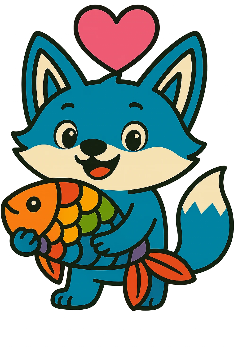 Make the heart above the blue fox and rainbow fish much bigger and pink, keep the vibrant toon style, with no background. emoji