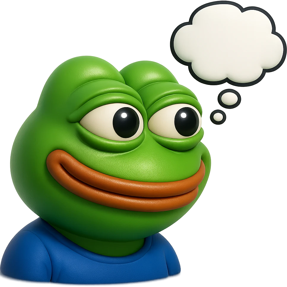 make a pepe in bright green smiling with thought bubble looking at right side in 3d style, good highlights and shadows, drop shadows  emoji