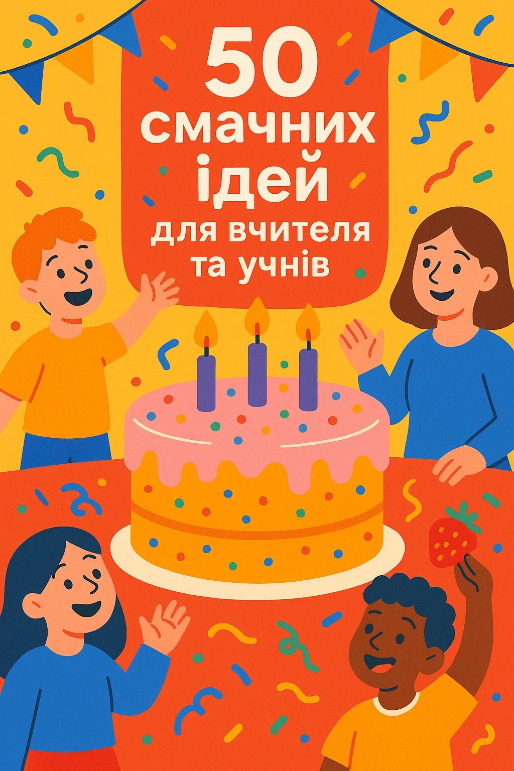 Обкладинка посібника з текстом українською мовою: «50 смачних ідей для вчителя та учнів». Мультяшний стиль, центральна ілюстрація великого торта, навколо якого діти та вчитель, святковий дизайн, сучасна типографіка. emoji