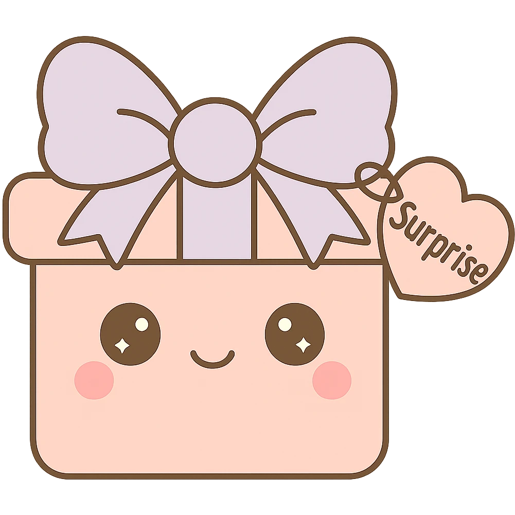 Change the name on the heart-shaped gift tag to 'Surprise', keep the kawaii style, no background. emoji