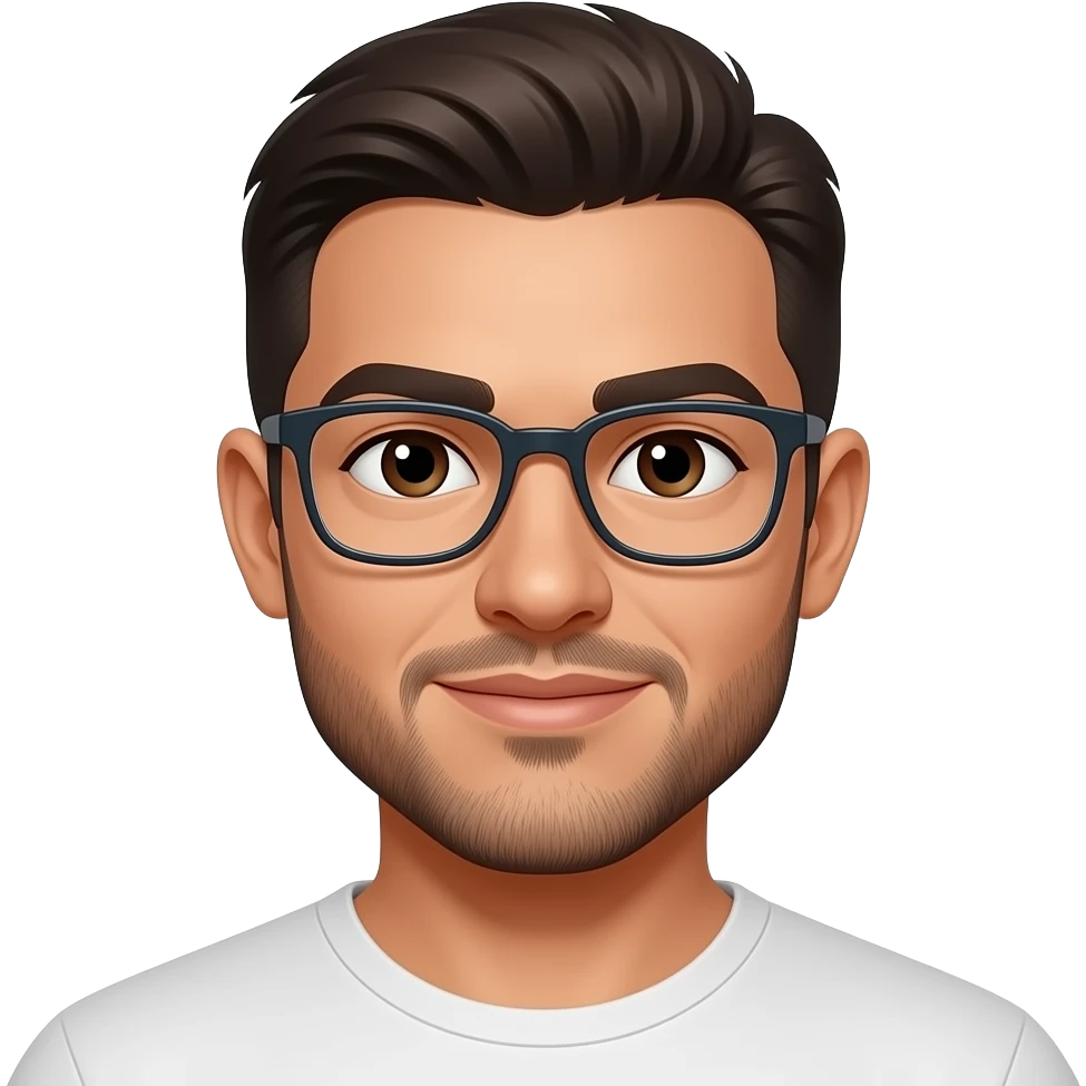 latino man, very short dark brown hair, dark brown eyes, short beard and glasses emoji