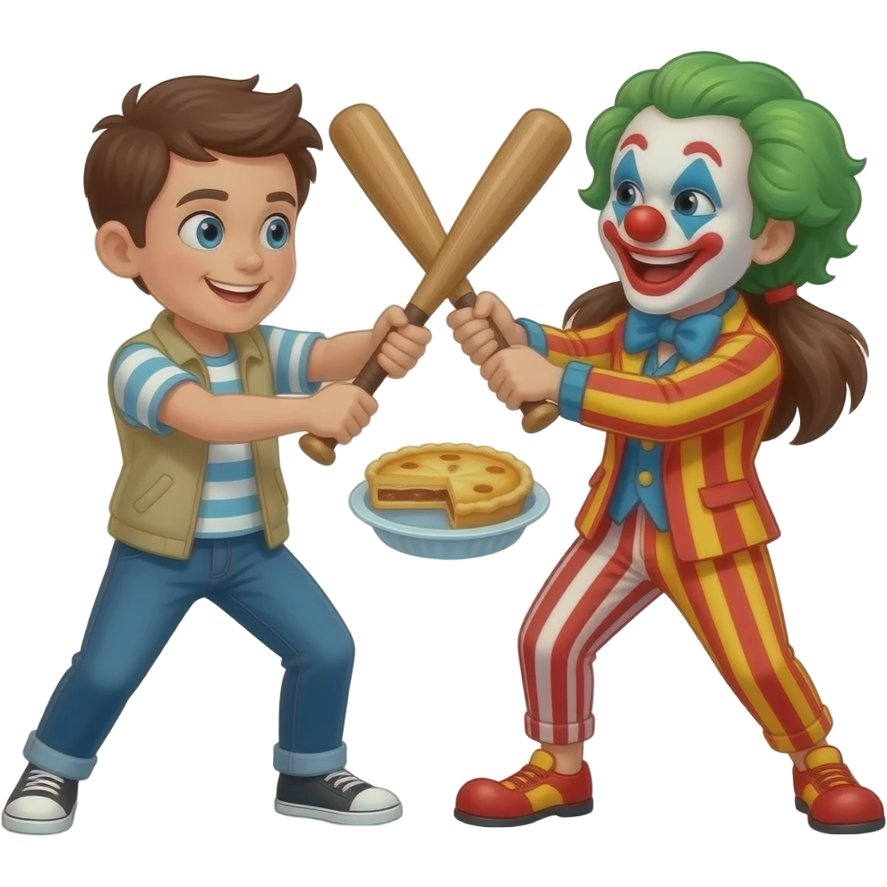 a boy and a girl beating each other up  with bats and with a clown throwing a pie emoji