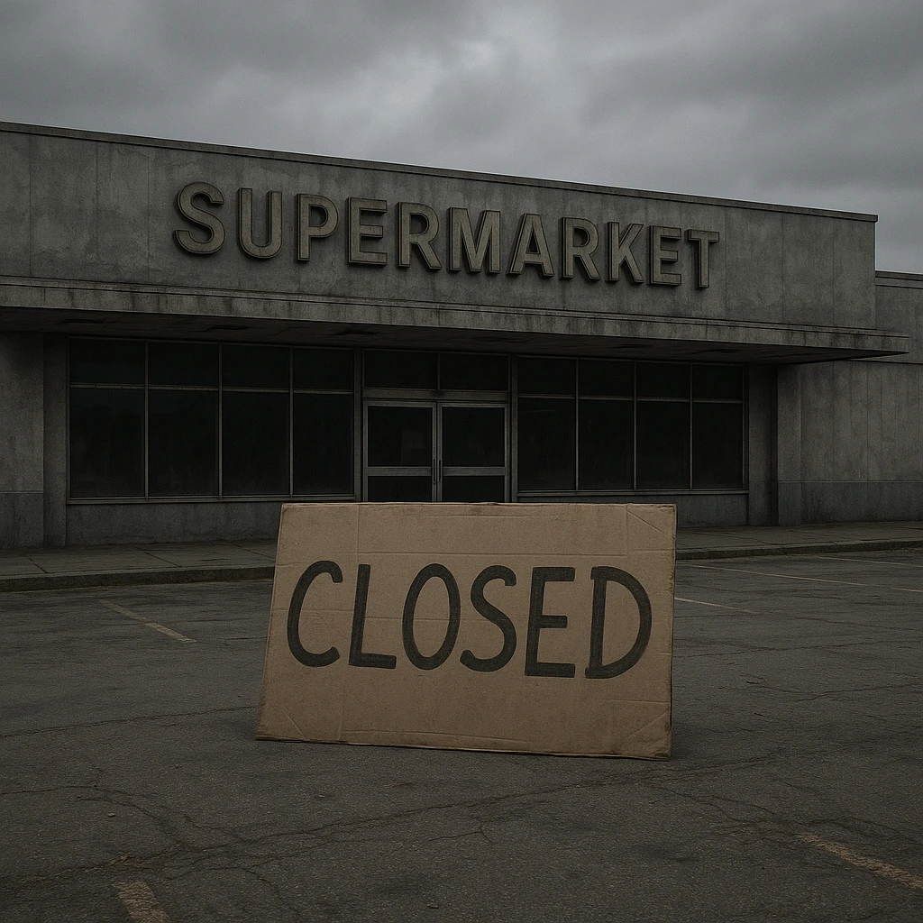 exterior of an abandoned supermarket, dusty and grey, with a large cardboard sign that says 'closed' placed in front of the store, somber mood emoji