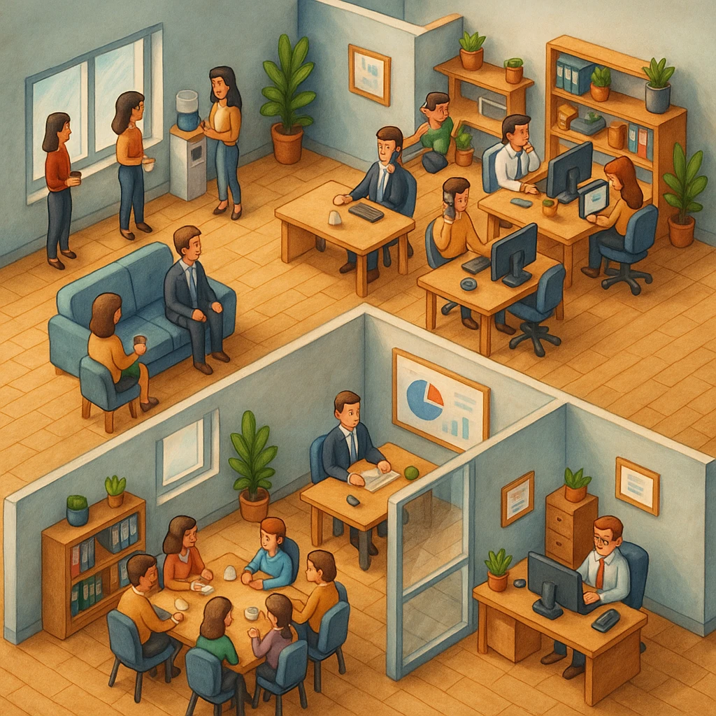 В слегка рисованном, но при этом ярком и объемном стиле - четкую, изометрическую 3D-сцену в мультяшном стиле с видом сверху под углом 45°, изображающую офис кабинетами, open space и другими характерными местами. В офисе работают люди - кто-то говорит по телефону, работает за компьютером, другие пьют кофе, сидят на общем собрании, переговори. Используйте мягкие, изысканные текстуры с реалистичными PBR-материалами и мягким, реалистичным освещением и тенями, не обрезать картинку краями кадра emoji