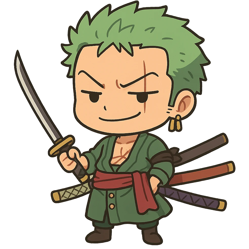 Zoro from One Piece in chibi cartoon style, cute and exaggerated features, green hair, three swords, confident expression emoji
