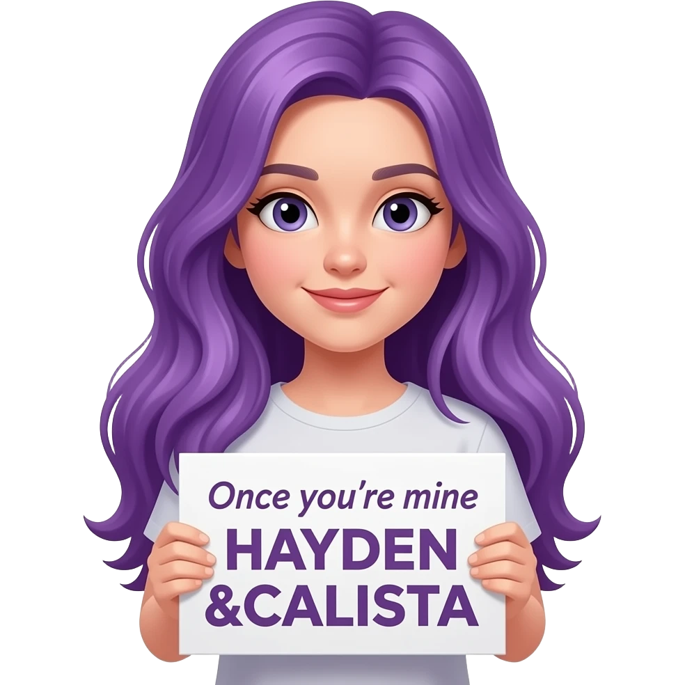 girl with long purple hair holding a Once you're mine HAYDEN & CALISTA sign emoji
