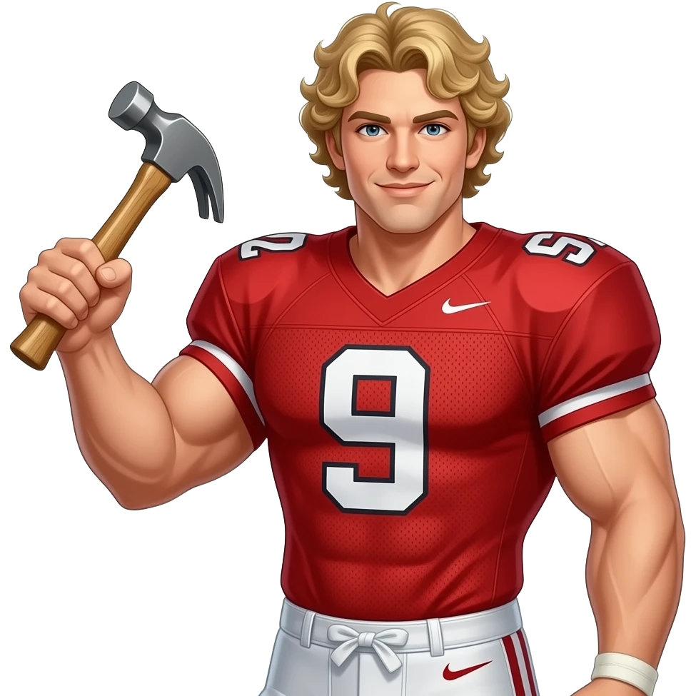 Muscle man with curly blonde hair big boobs holding hammer wearing red football jersey & shorts number 9 1/2 emoji