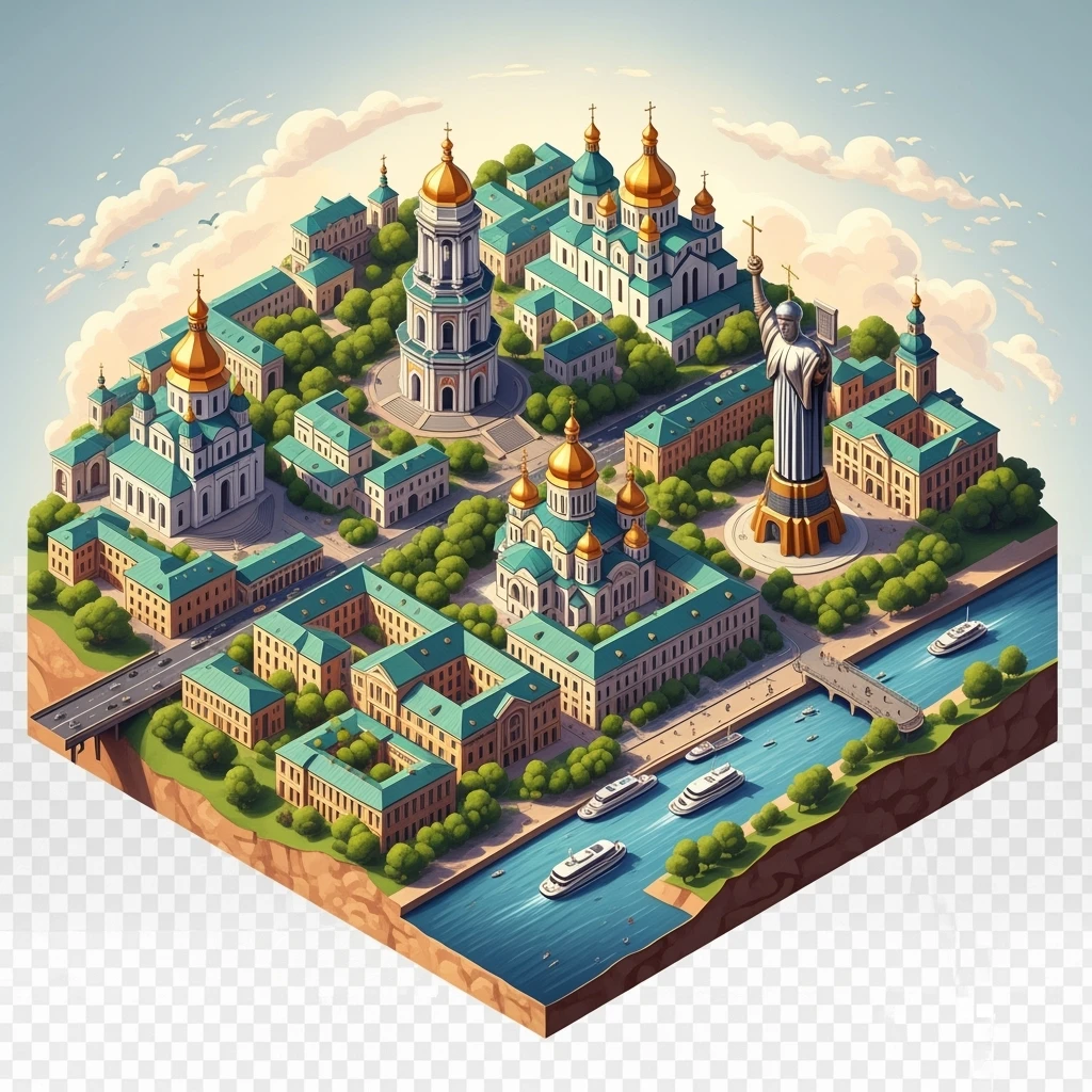 Isometric illustration of photorealistic Kyiv, balanced between paint stylized and realistic, 3D miniature effect, transparent background. emoji