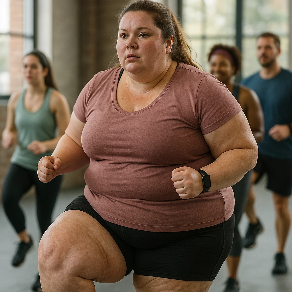 overweight woman training in group, stubborn fat on legs and thighs, hyper realistic 4K style, social atmosphere, realistic details emoji