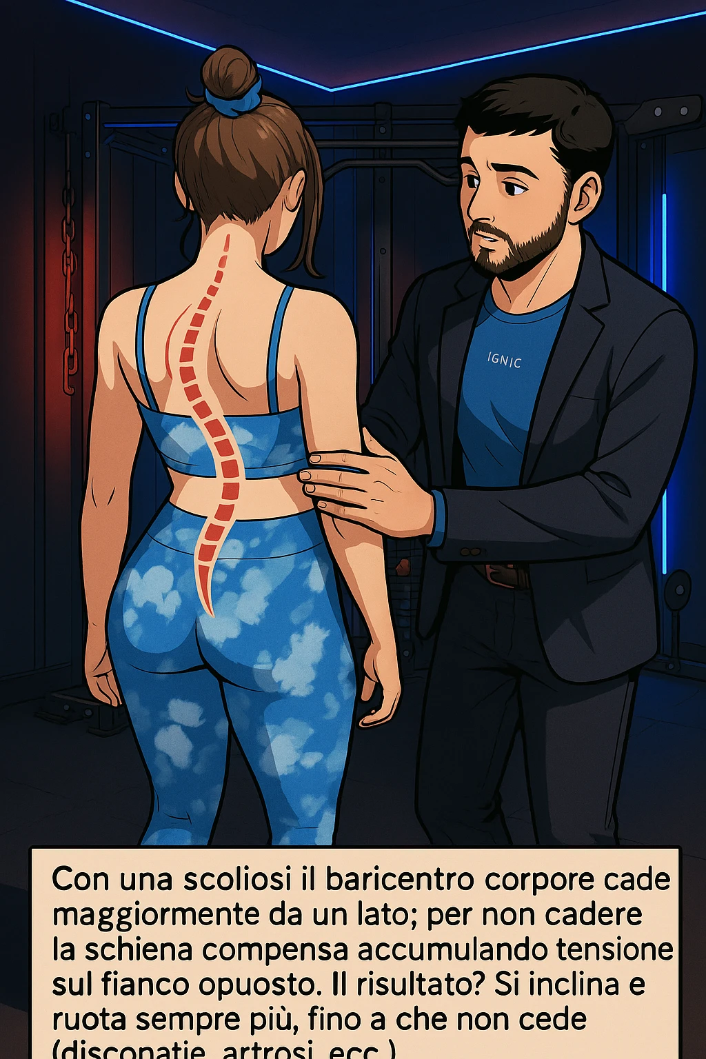 fai questa immagine in versione manga/webtoon a colori, il manga mostra la donna di spalle, mentre l'uomo le tocca la spina dorsale per spiegarle come funziona la scoliosi:
Con una scoliosi il baricentro corporeo cade maggiormente da un lato; per non cadere la schiena compensa accumulando tensione sul fianco opposto.
Il risultato? Si inclina e ruota sempre più, fino a che non cede (discopatie, artrosi, ecc) emoji