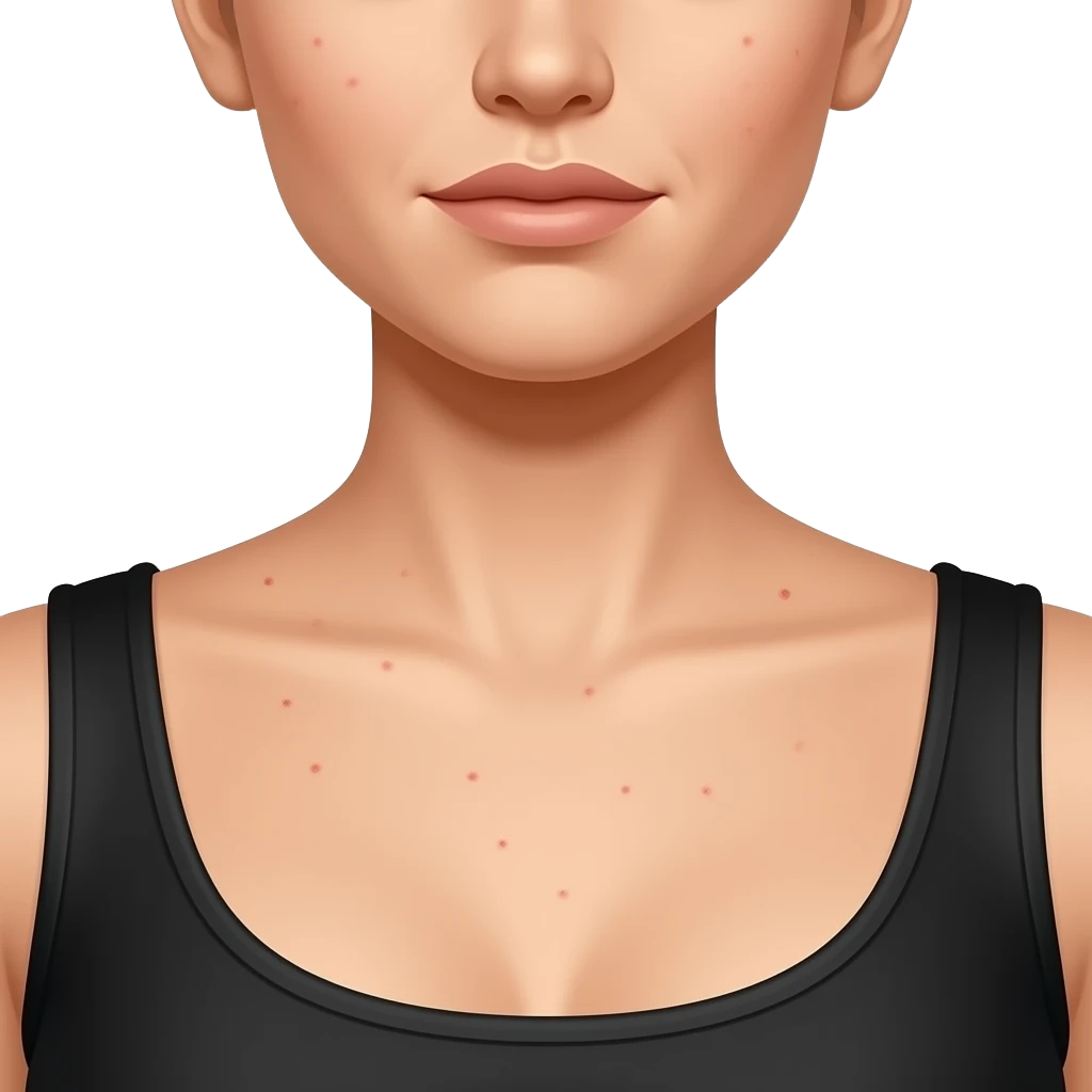 Close-up of a woman’s upper chest and neck area showing acne breakouts, multiple small red inflamed pimples scattered across the chest and collarbone region, natural skin texture, wearing a black tank top, no face visible emoji