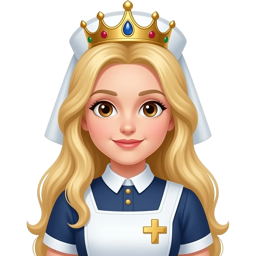 Princesa medieval rubia vestida de enfermera, con ojos marrones con corona emoji