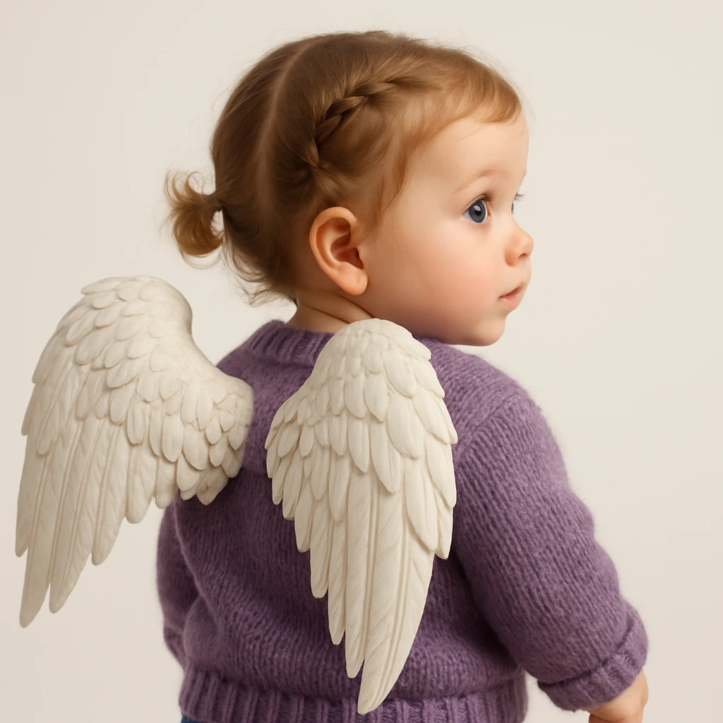 3D realistic game concept art of a cute baby girl, golden brown hair in little braids, charming blue eyes, wearing a cute purple knit sweater, with angel wings on her back, rear view, clean background, high-end, creative, minimalist emoji