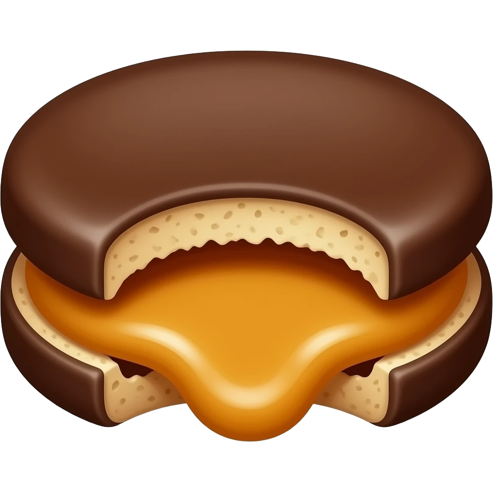 alfajor típico relleno de dulce de leche y cubierto de chocolate, mordido emoji