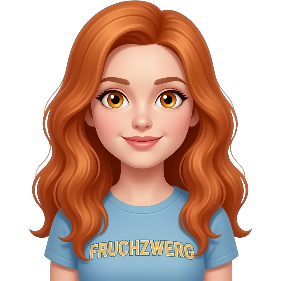 sexy girl with long ginger hair and ginger eyes a top with FRUCHTZWERG written on it emoji