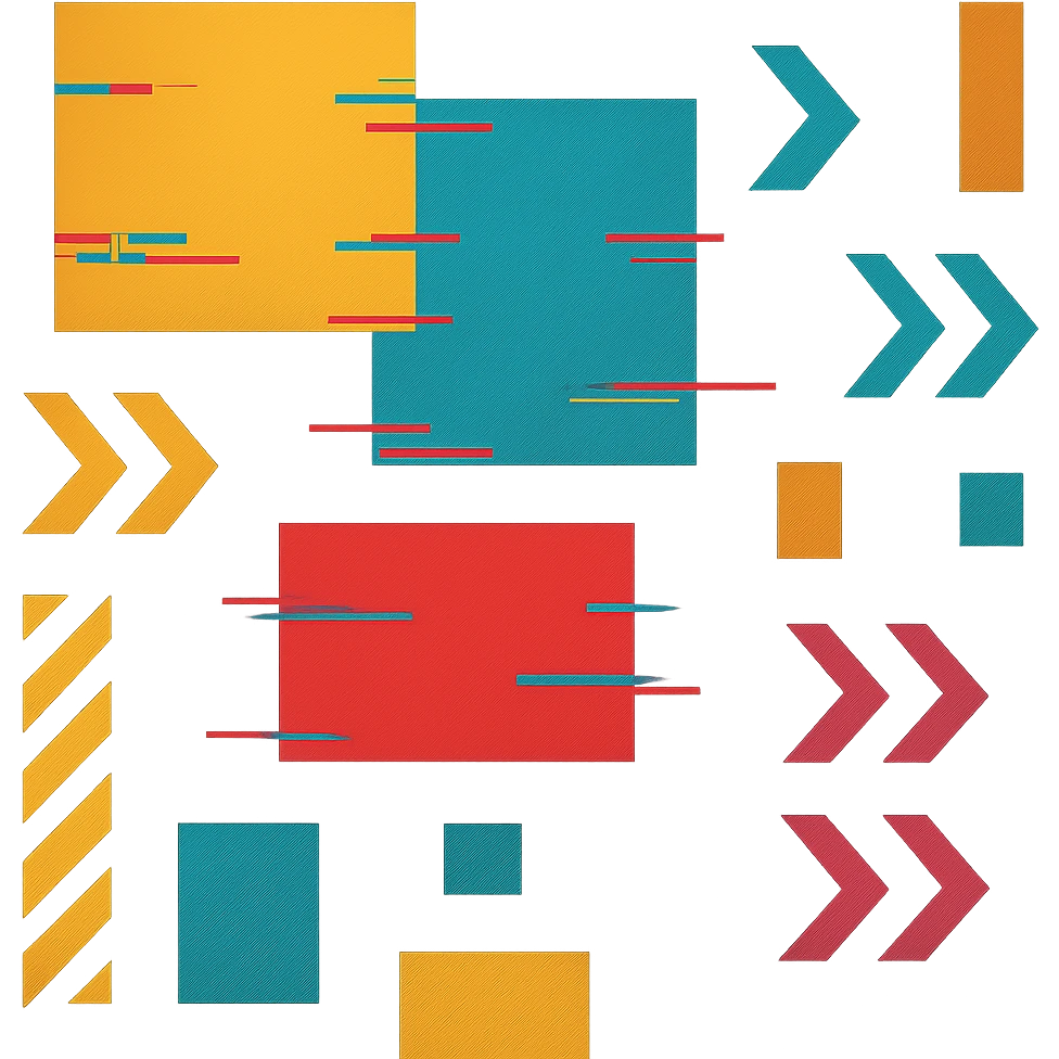 a graphic design wallpaper with various sizes of brightly colored glitchy rectangles, various repeating stylized arrows, and caution bars stripes - neobrutalist glitchpunk linear, TIDY angles, SPARSE MINIMALISM emoji