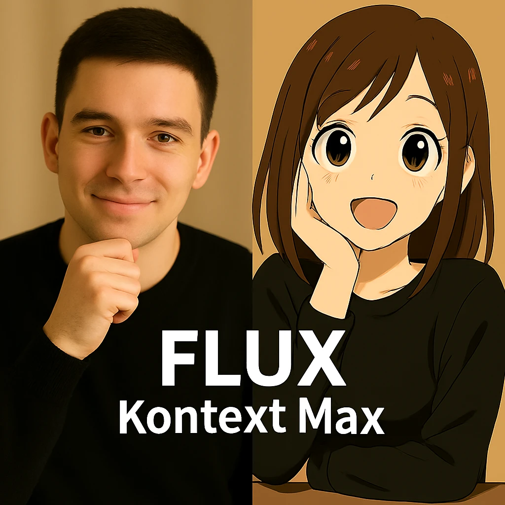 same similar image but chnage the text to "Flux Kontext Max", change people and pose too emoji