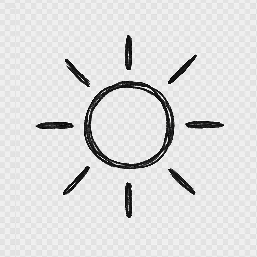 minimalist hand drawn black outline of a sun on a white clean background emoji