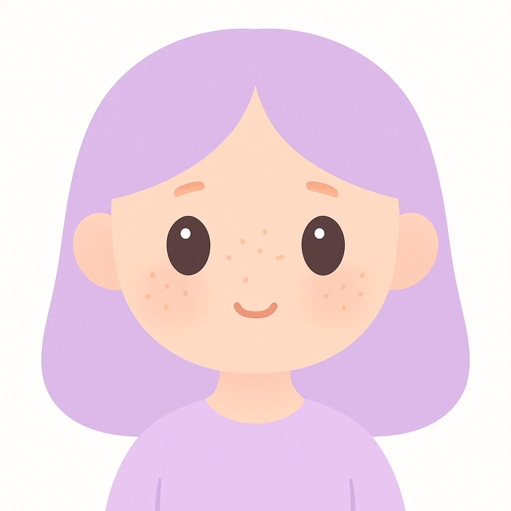 a girl with a cute peachy face, soft pastel colors, subtle freckles, shy smile, lavender hair, clean background emoji