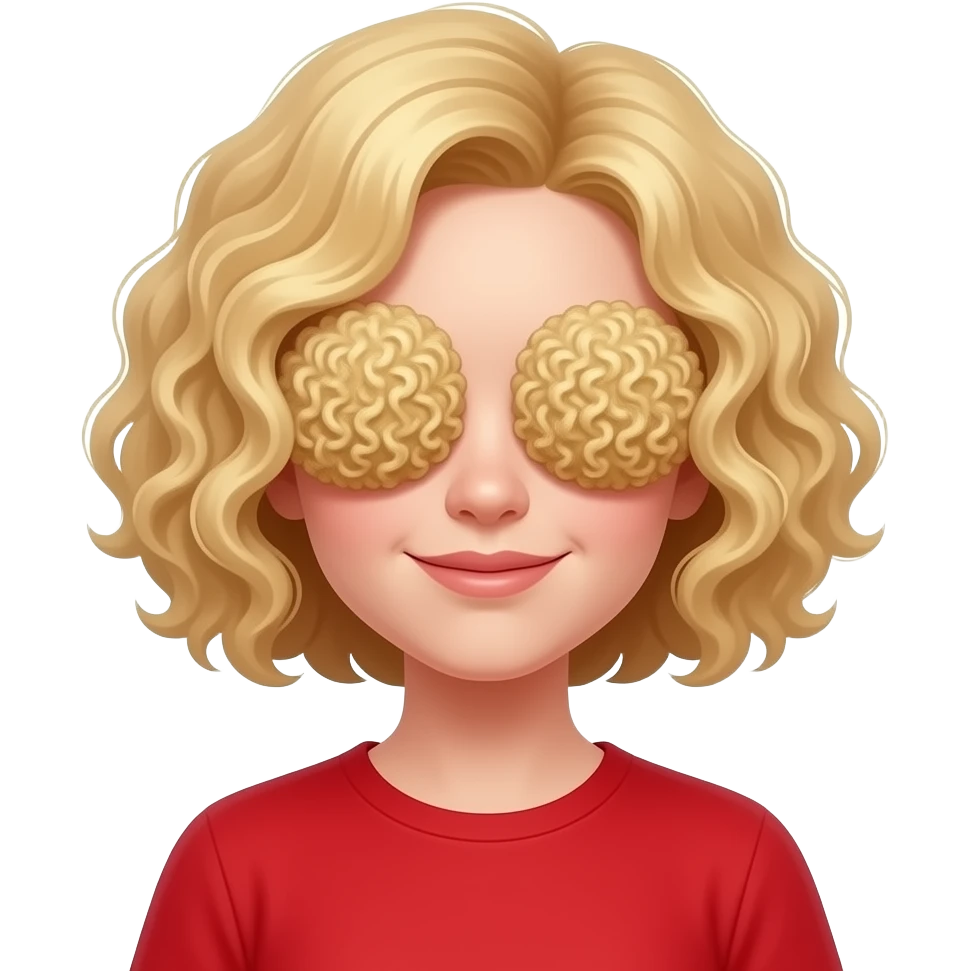 blonde curly bob covering both eyes in red shirt emoji