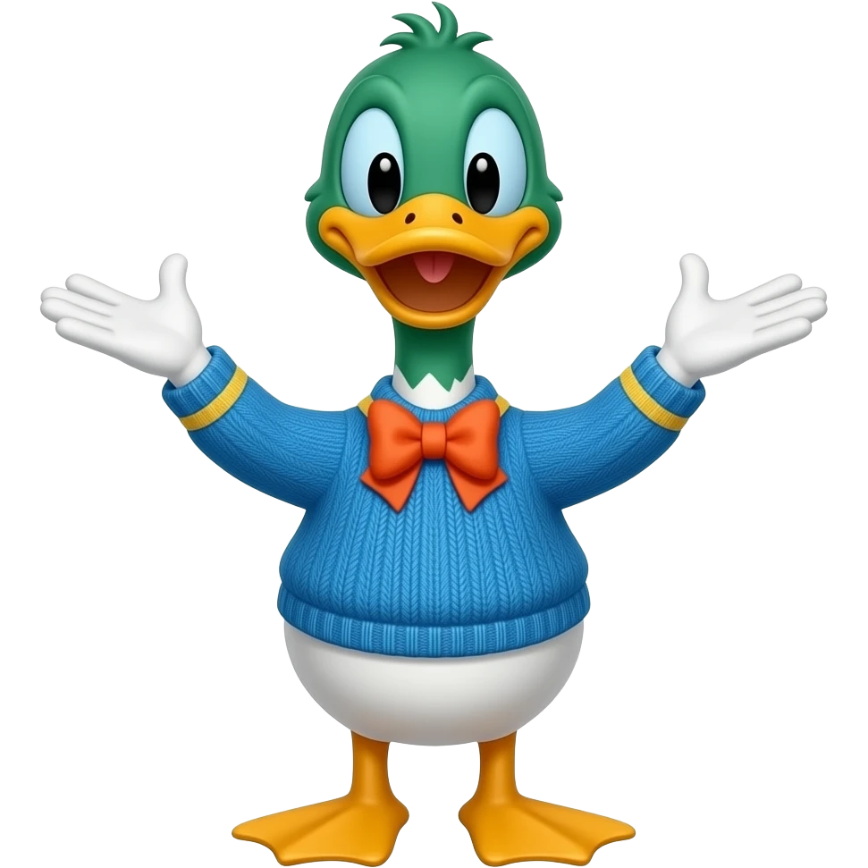 Cartoon Duck all green orange bow and cyan dress sweater white gloves very tall look goofy and silly and Looney full body emoji