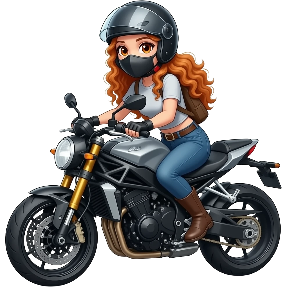 sexy girl with long curly ginger hair and ginger eyes is riding a motorcycle wearing a helmet and a mask emoji