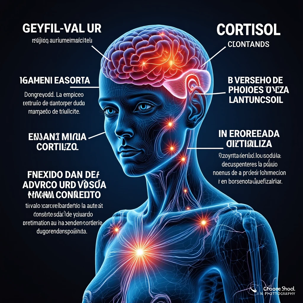 Realistic 3D medical image of a woman showing cortisol effects, highlighting the brain, adrenal glands, and hormonal connections. Include Italian captions. Aspect ratio 2:3. Realistic style with detailed anatomical features and clear labeling in Italian. emoji