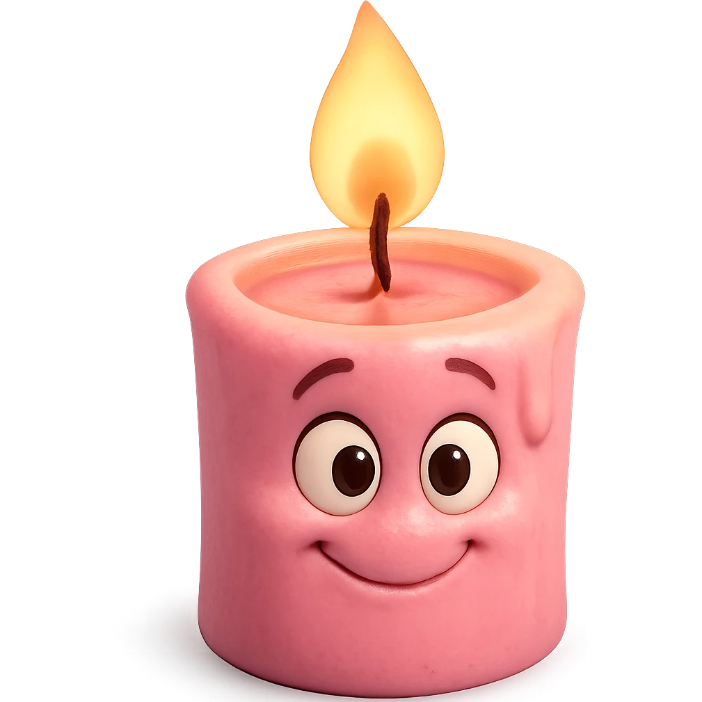 Draw a pink, Pixar-style candle with a flame. The candle should be visible from the front and top. emoji
