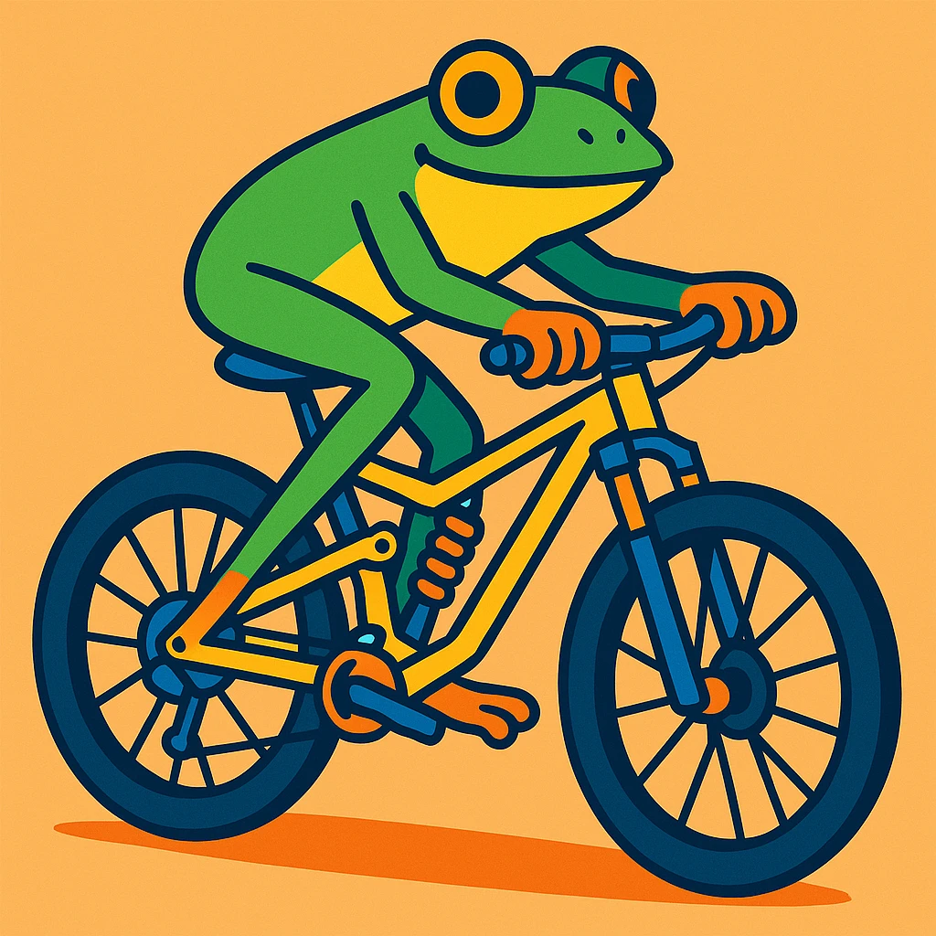 a frog riding a full suspension mountain bike, vibrant and playful style emoji