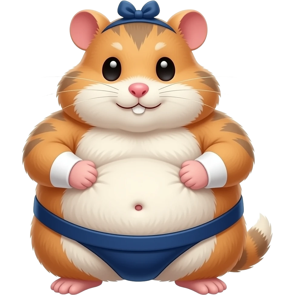 A cute female hamster,suited to be a sumo wrestler,she rubs her huge overstuffed stomach,a cute little bellybutton poking out of her fur,she is massively fat. emoji