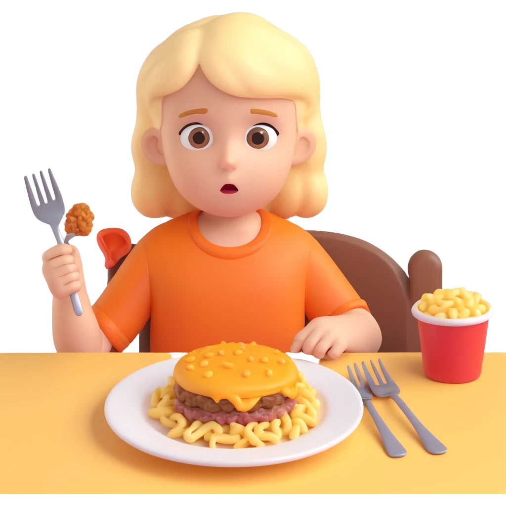 A stylized 3D character of a 6-year-old child sits at a table, looking bored at a plate of macaroni and a meat patty, absentmindedly poking the macaroni with a fork. emoji