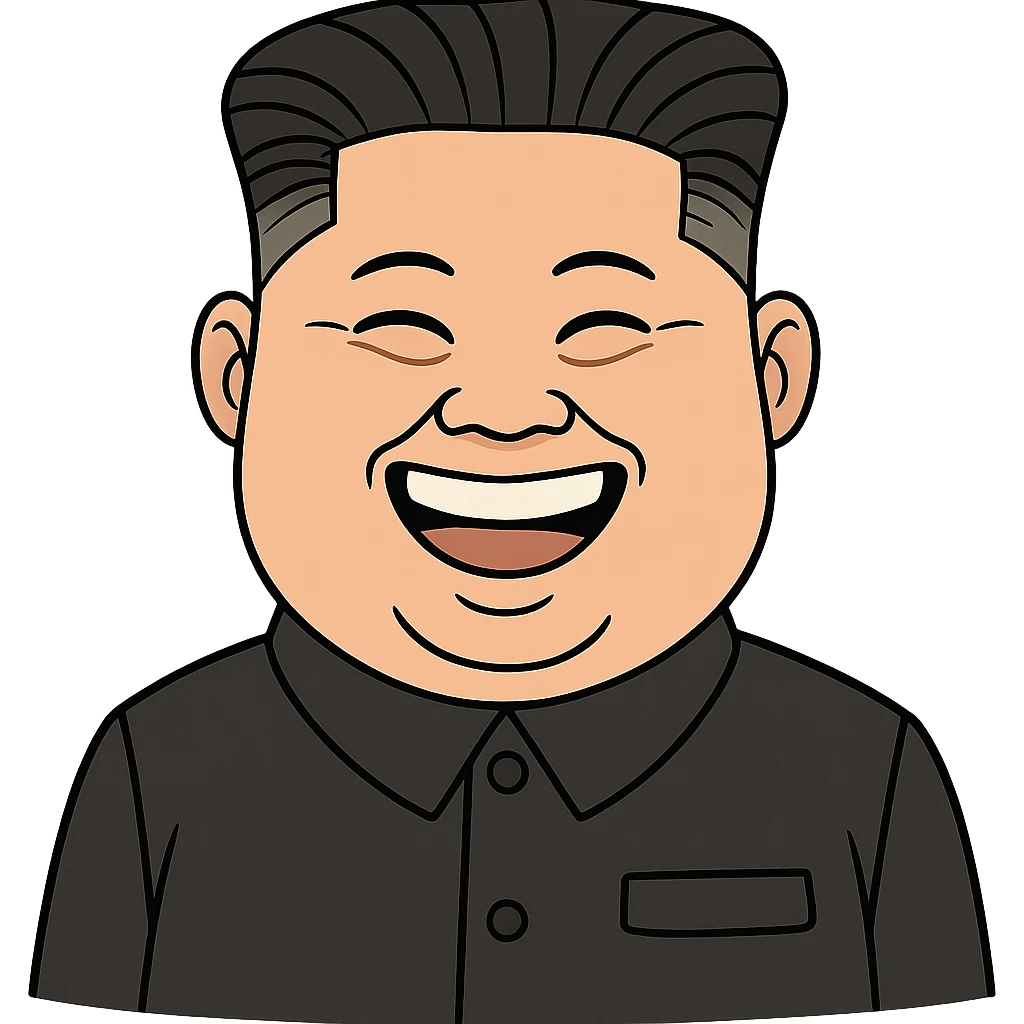caricature emoji of Kim Jong-un smiling, wearing black suit, cartoon style emoji