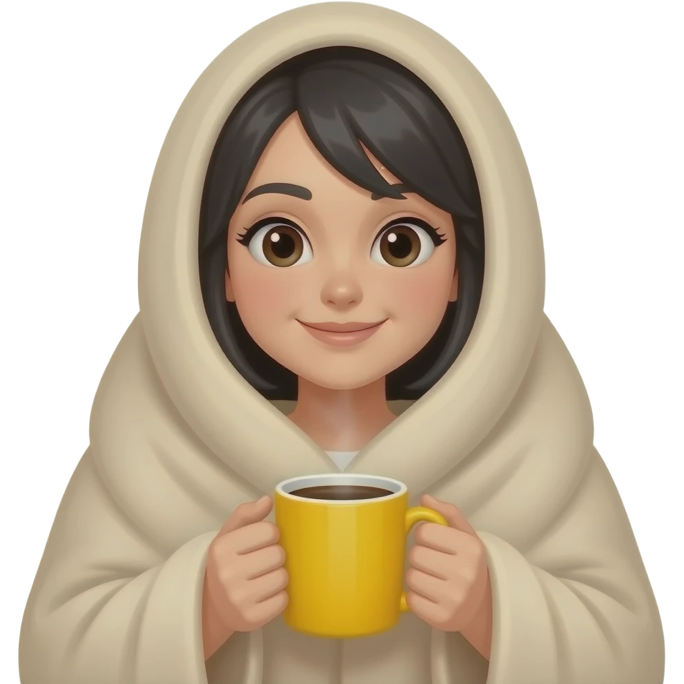 A cute white woman with black hair, with a large beige blanket, and a coffee in a yellow mug, very cozy, iPhone emoji style emoji