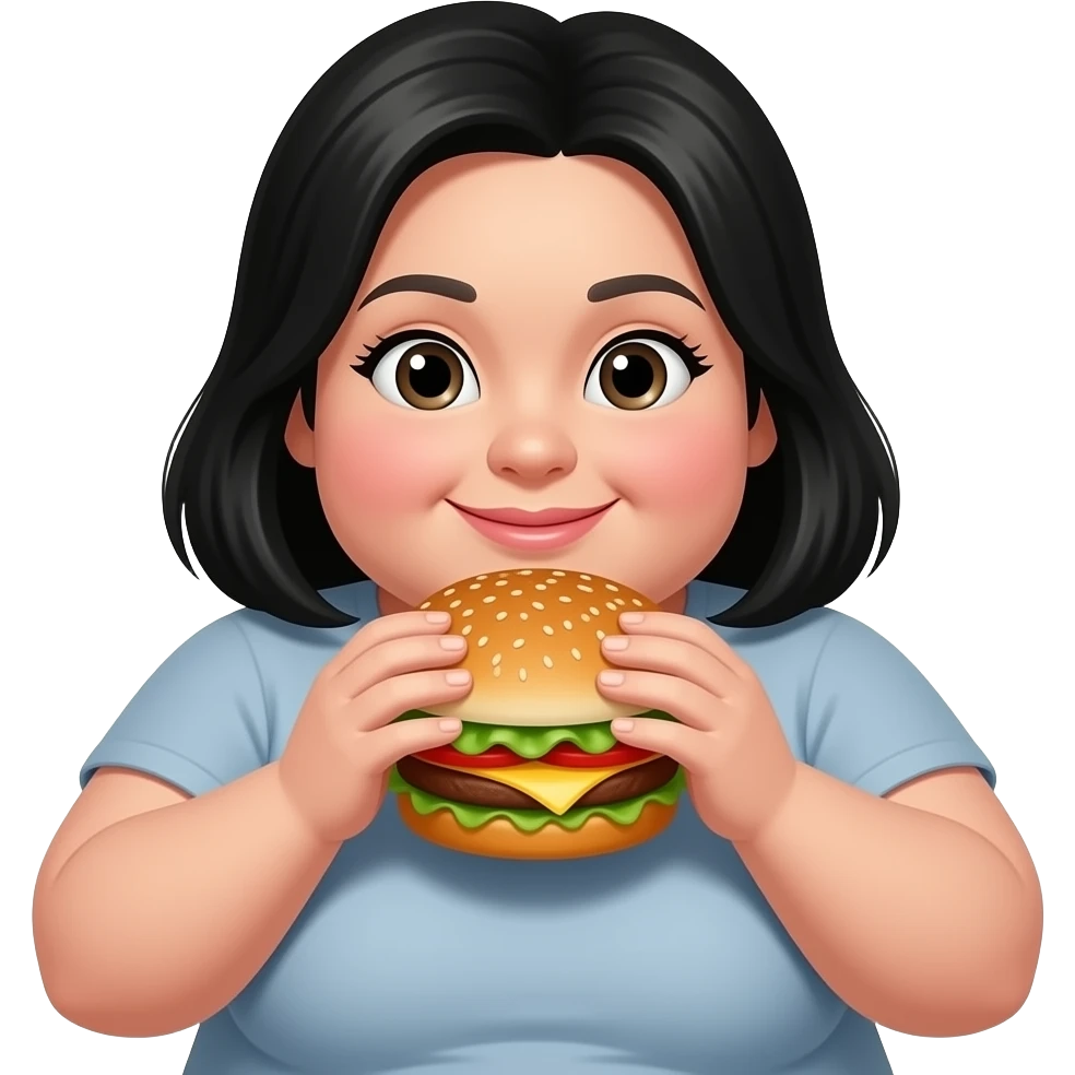 mujer muy gorda no sonriendo con pelo negro y comiendo hamburguesa emoji