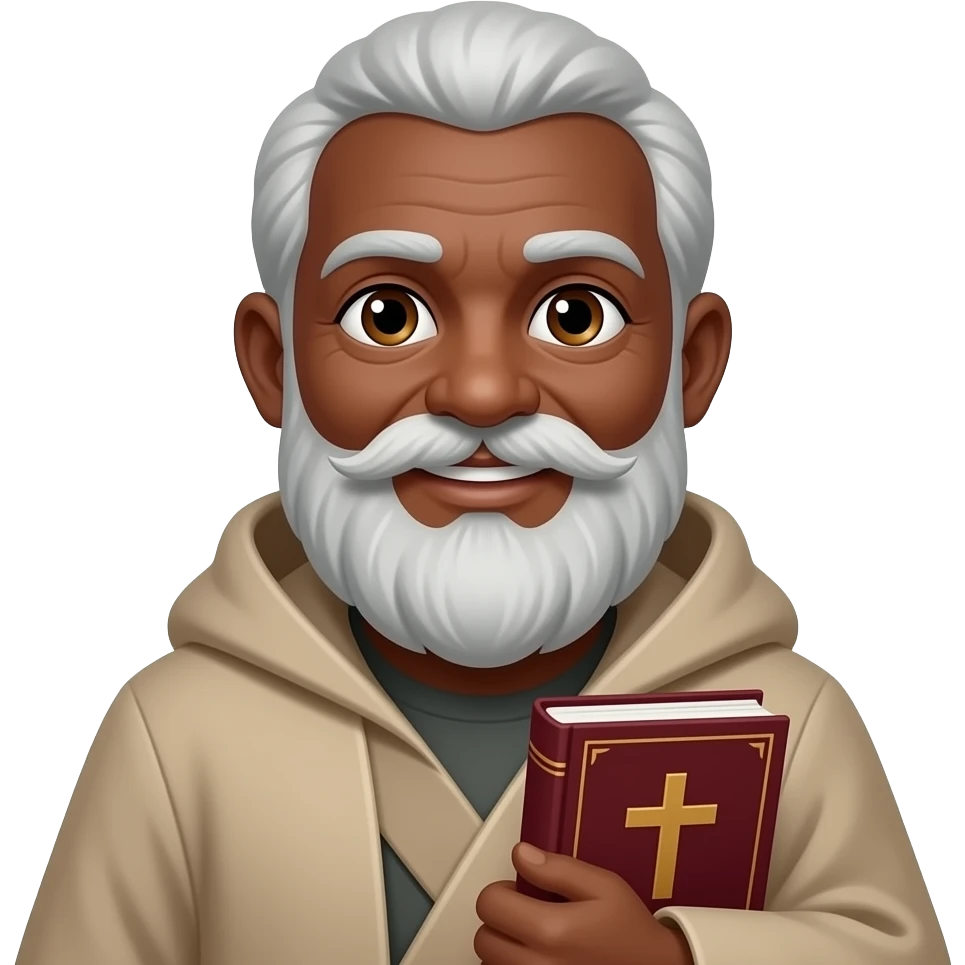 wise old man with grey hair robe friendly brown eyes white beard dark brown skin with burgundy book that has a cross on it emoji