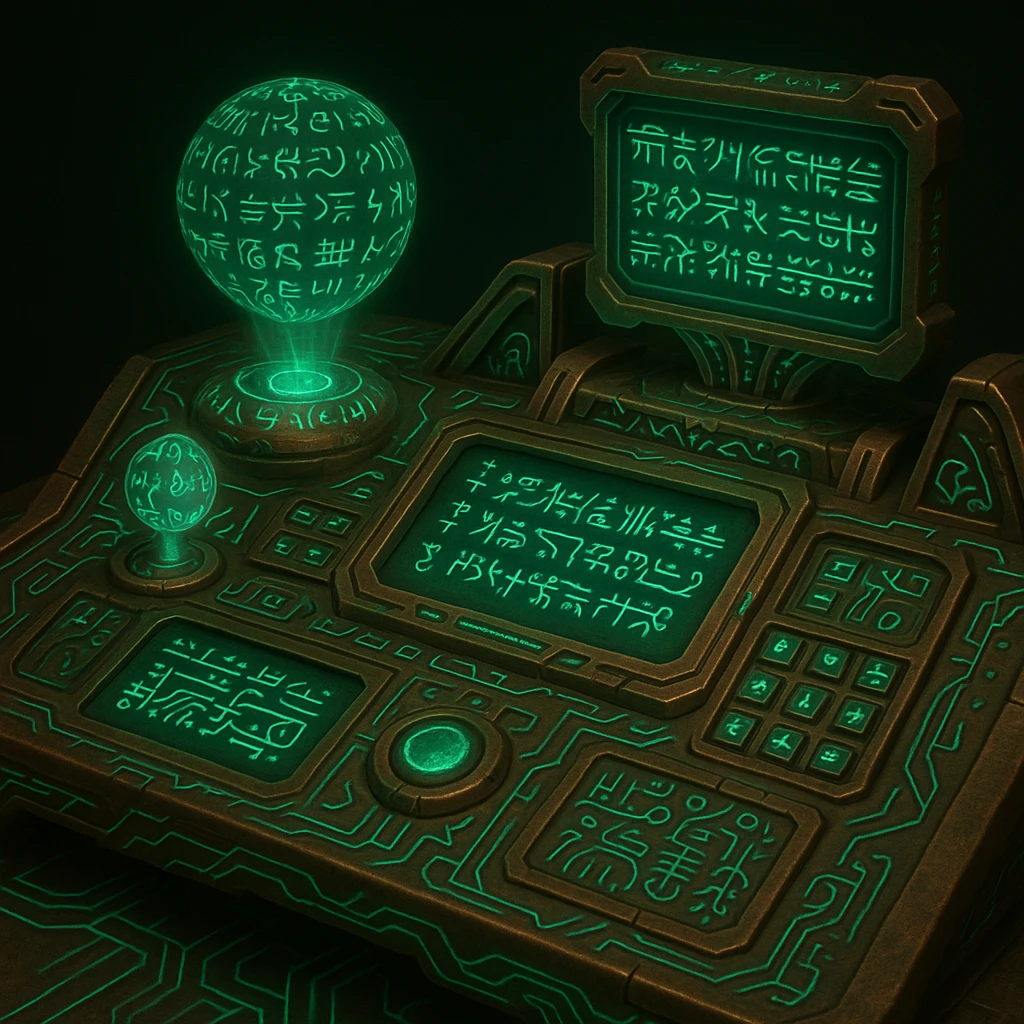 A S'pht Pfhor dialect radio transmission compiler: a panel of alien controls and screens, covered in Pfhor and S'pht script, with holographic projections and a luminous, circuit-like pattern. The device feels both ancient and futuristic, with a bronze and emerald color scheme. emoji