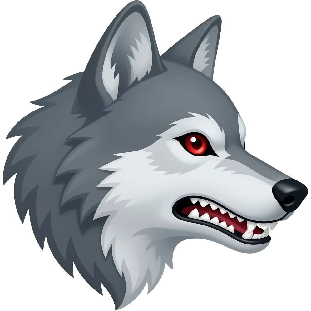 Angry gray wolf with visible red eye only face teeth barred side profile emoji