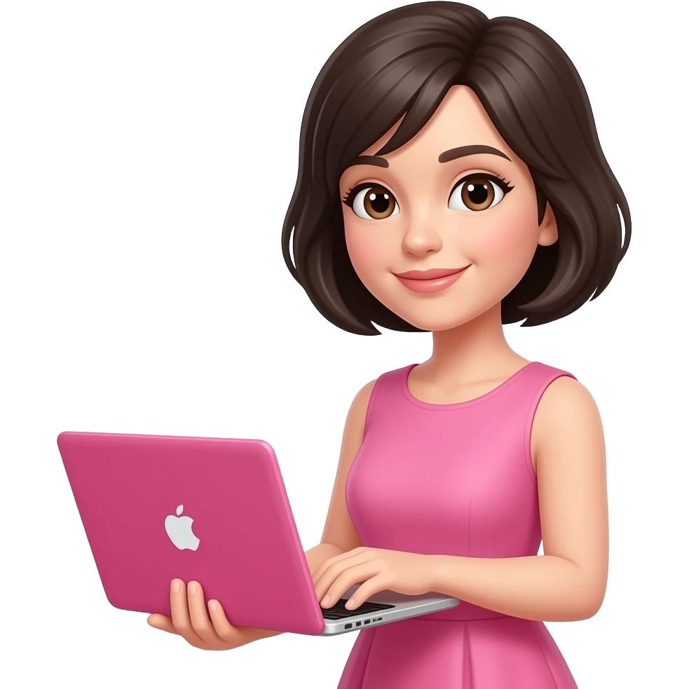 chica de cabello oscuro y corto, con ojos color cafe, con vestido color rosa, trabajando en su laptop de iphone color rosa claro emoji